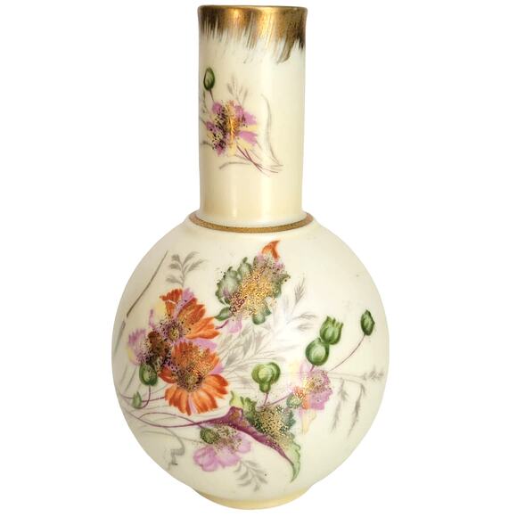 Vintage Bud Vase Hand Painted Orange Green Floral Gold Accents Cottagecore - Picture 1 of 9